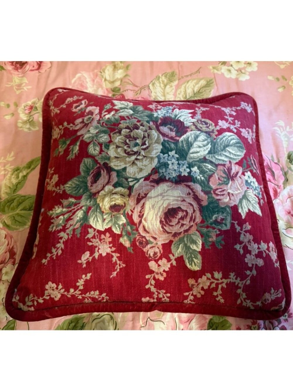 French Country Cottage Cabbage Rose Floral Velvet Down Throw Pillow Farm House